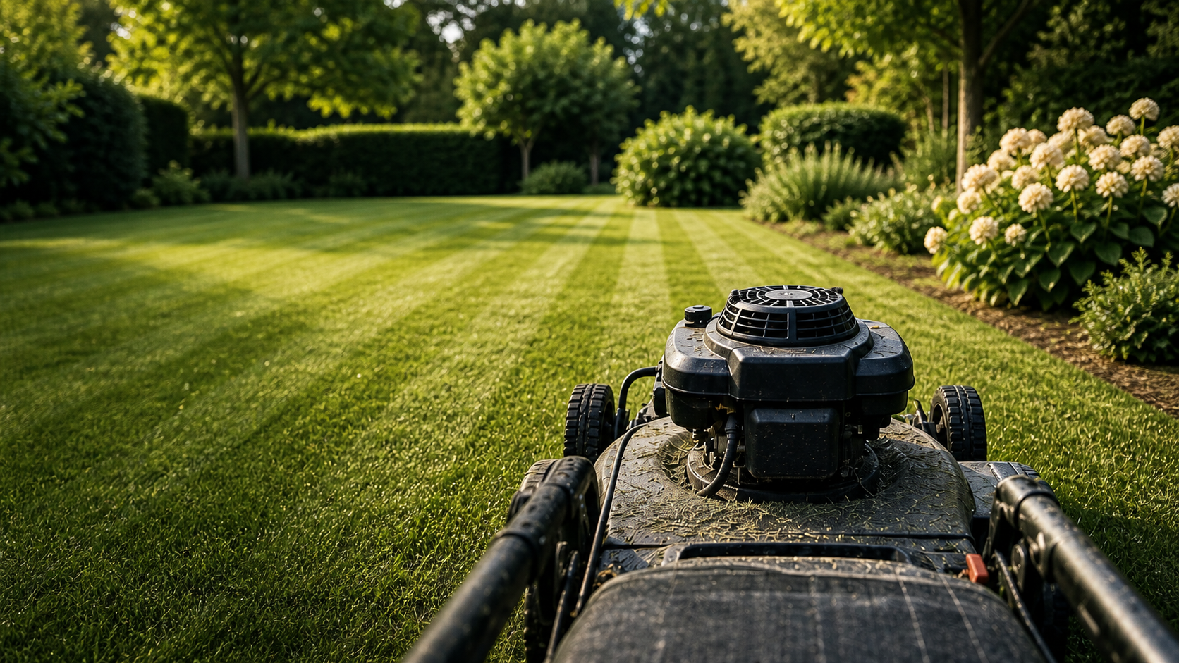 Ride-on mower cutting crisp stripes into a green lawn beside a flower bed